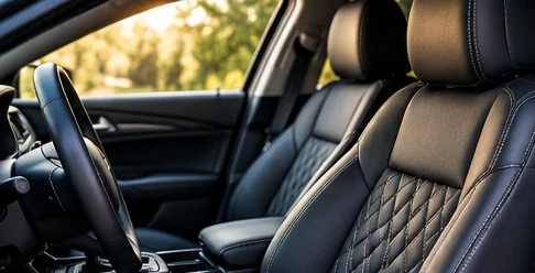 Interior de auto con asientos tapizados en piel con costura en rombos